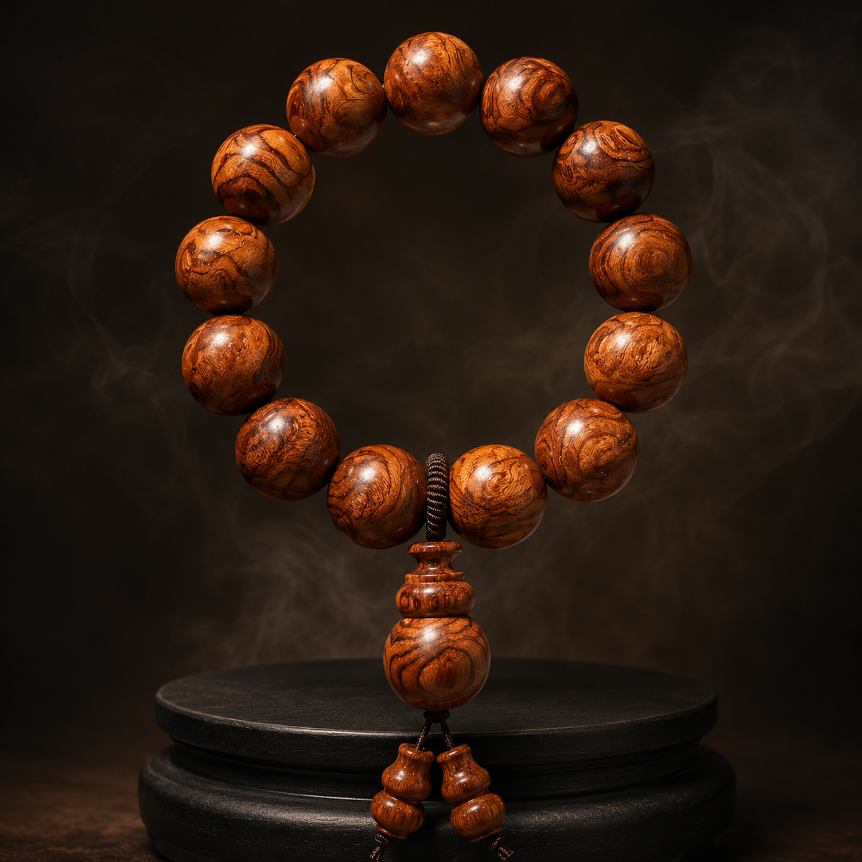 Oversized Solid Wood Meditation Bracelet with Hand-Carved Gourd Pendant - Image 1