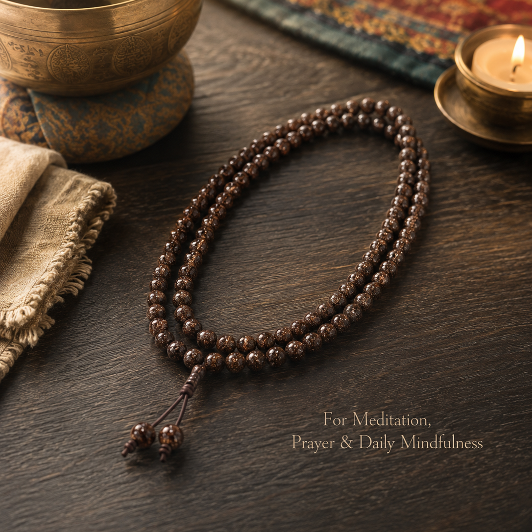Tibetan Meditation Mala Necklace – 108 Dark Brown Glossy Prayer Beads with Golden Speckled Texture - Image 1