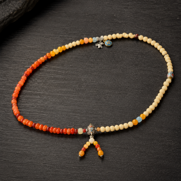 Handcrafted Tibetan Meditation Bead Necklace with Ivory Beads, Amber Accents and Silver Pendant