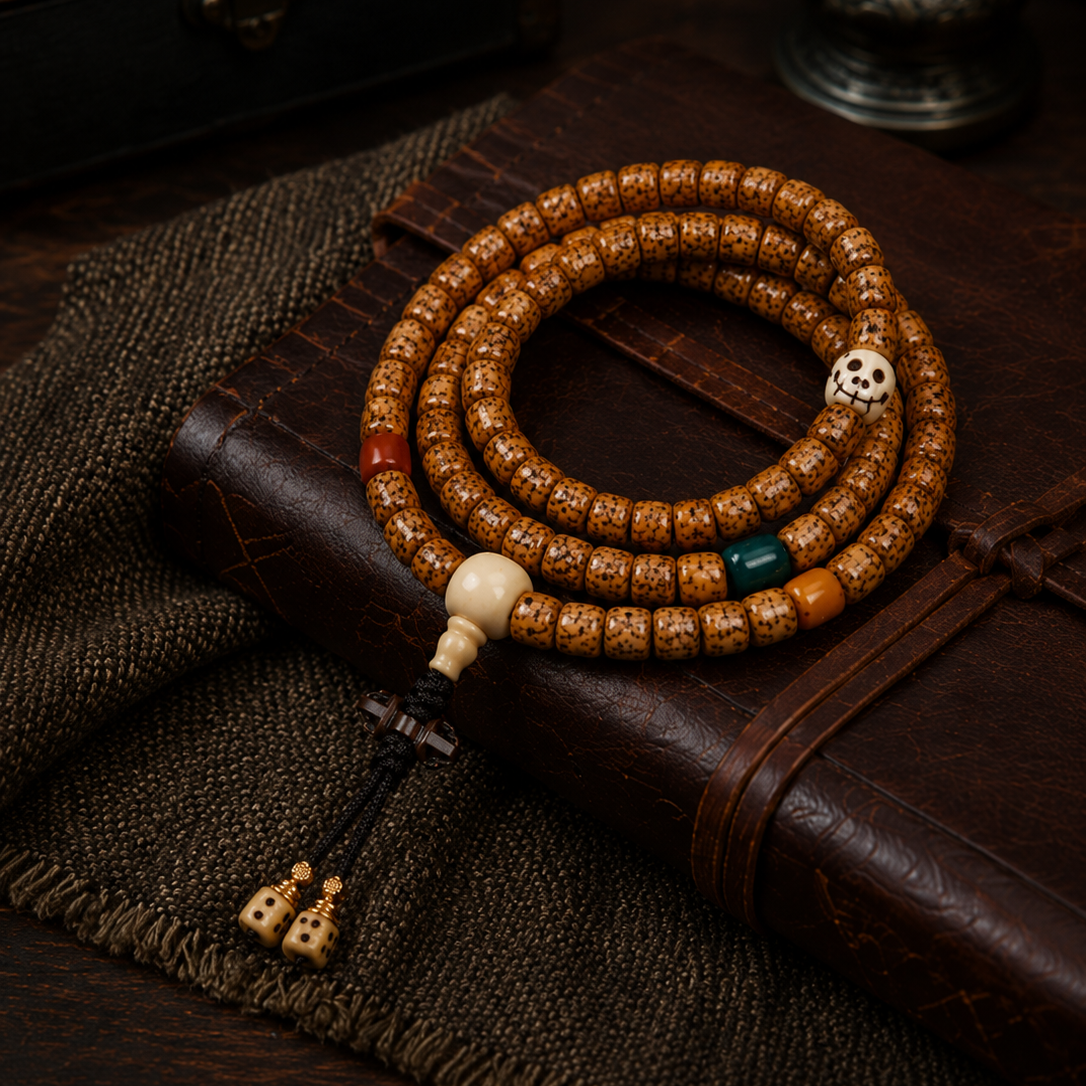 Aged Brown Seed Prayer Mala with Guru Bead and Tassel - Image 1
