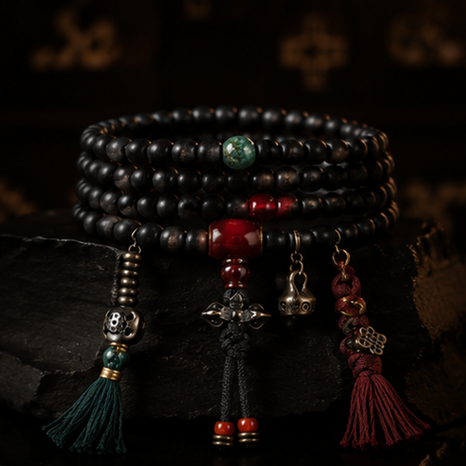 Midnight Pilgrim Tibetan-Inspired Black Wood Multi-Wrap Charm Bracelet - Image 1