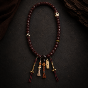 Oxblood Carved Tibetan-Style Mala with Ivory-Tone Amulets