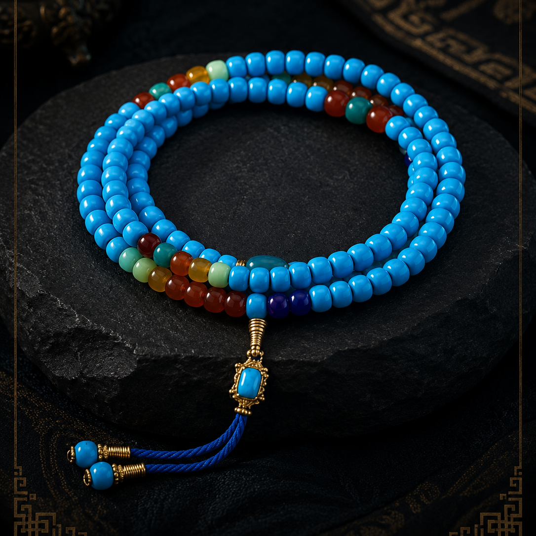 Turquoise Serenity Tibetan-Inspired Double-Wrap Prayer Bead Bracelet - Image 1