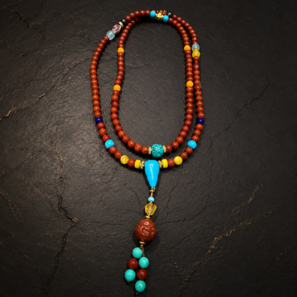 Tibetan 108-Bead Mala Necklace with Turquoise, Amber and Red Wood Accents