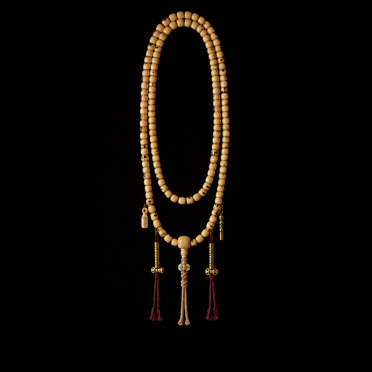 Handcrafted Tibetan Yak Bone Mala Prayer Beads with Aged Brass Charms and Triple Tassels - Image 1