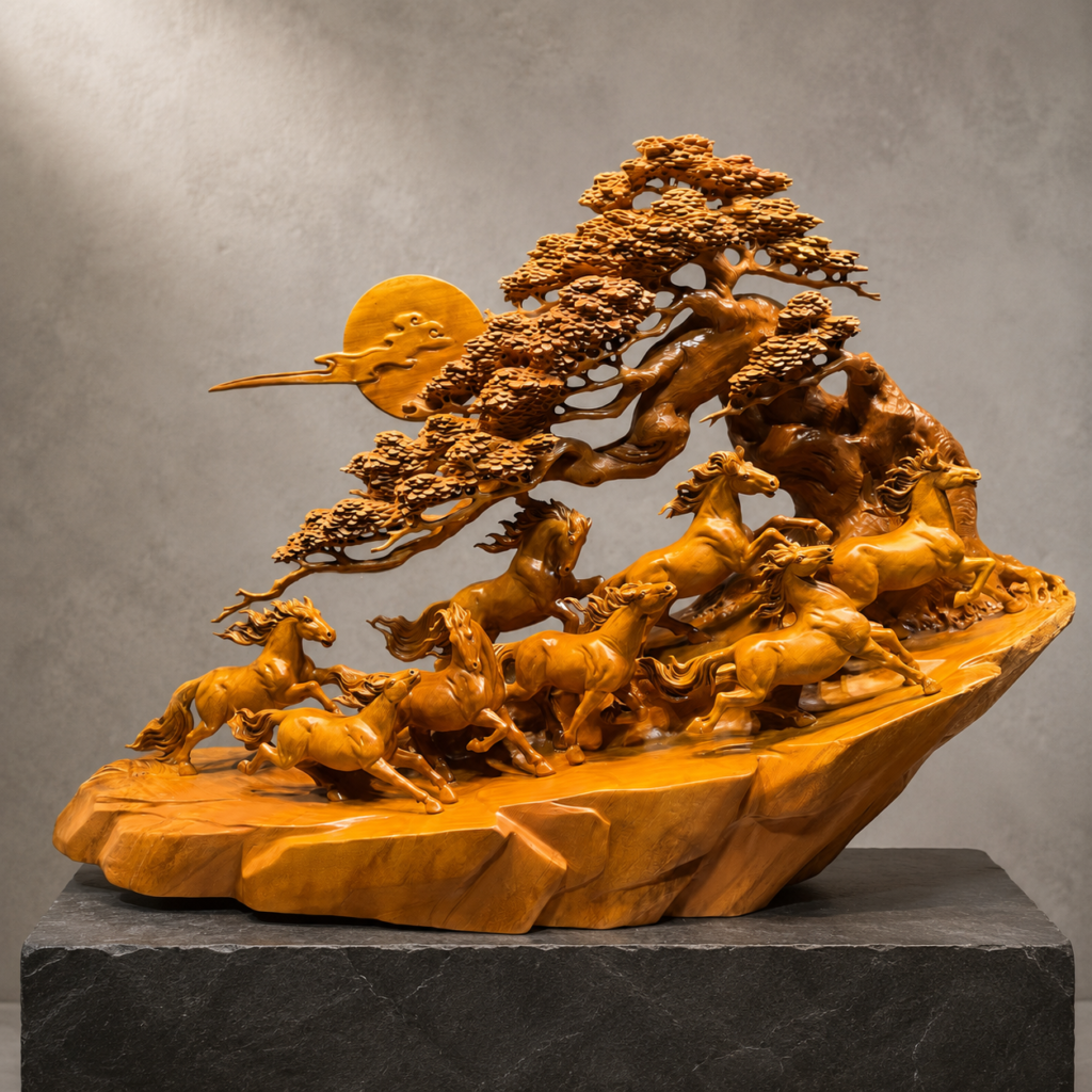 Eight Steeds of Success – Oriental Solid Wood Carving