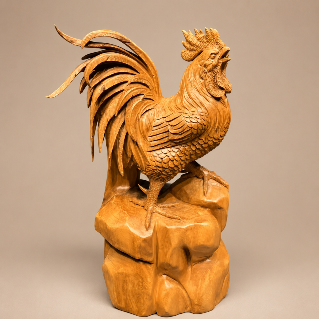 Dawn Herald — Hand-Carved Solid Wood Rooster Sculpture