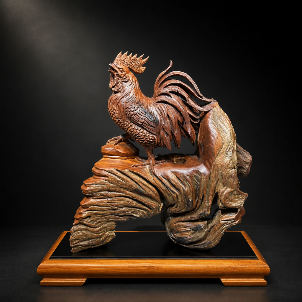 Hand-Carved Wooden Rooster Sculpture
