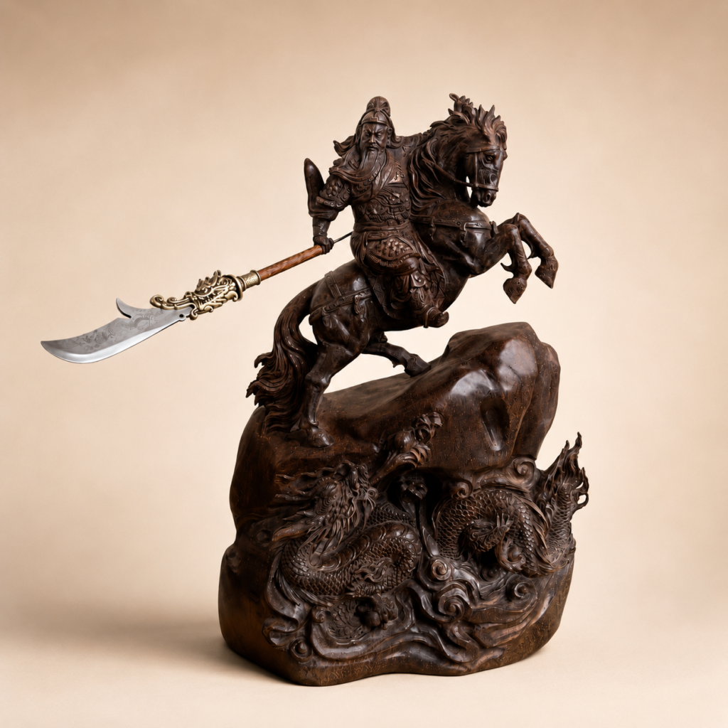 Hand-Carved Guan Yu on Rearing Horse Wooden Sculpture