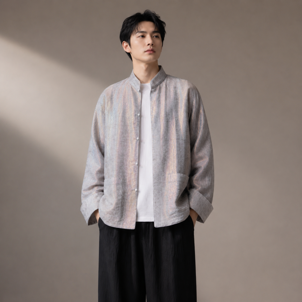 Unisex Silver Grey Sheer Chinese-Style Mandarin Collar Jacket