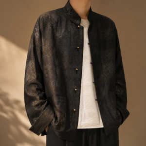 Midnight Gold Jacquard Mandarin-Collar Jacket