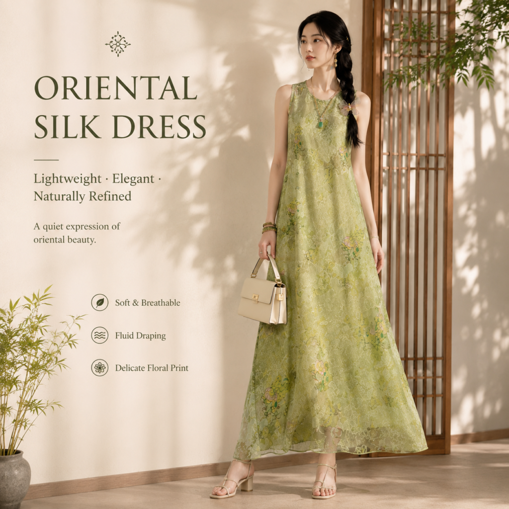 Verdant Grace Silk-Lustre Oriental Floral Dress