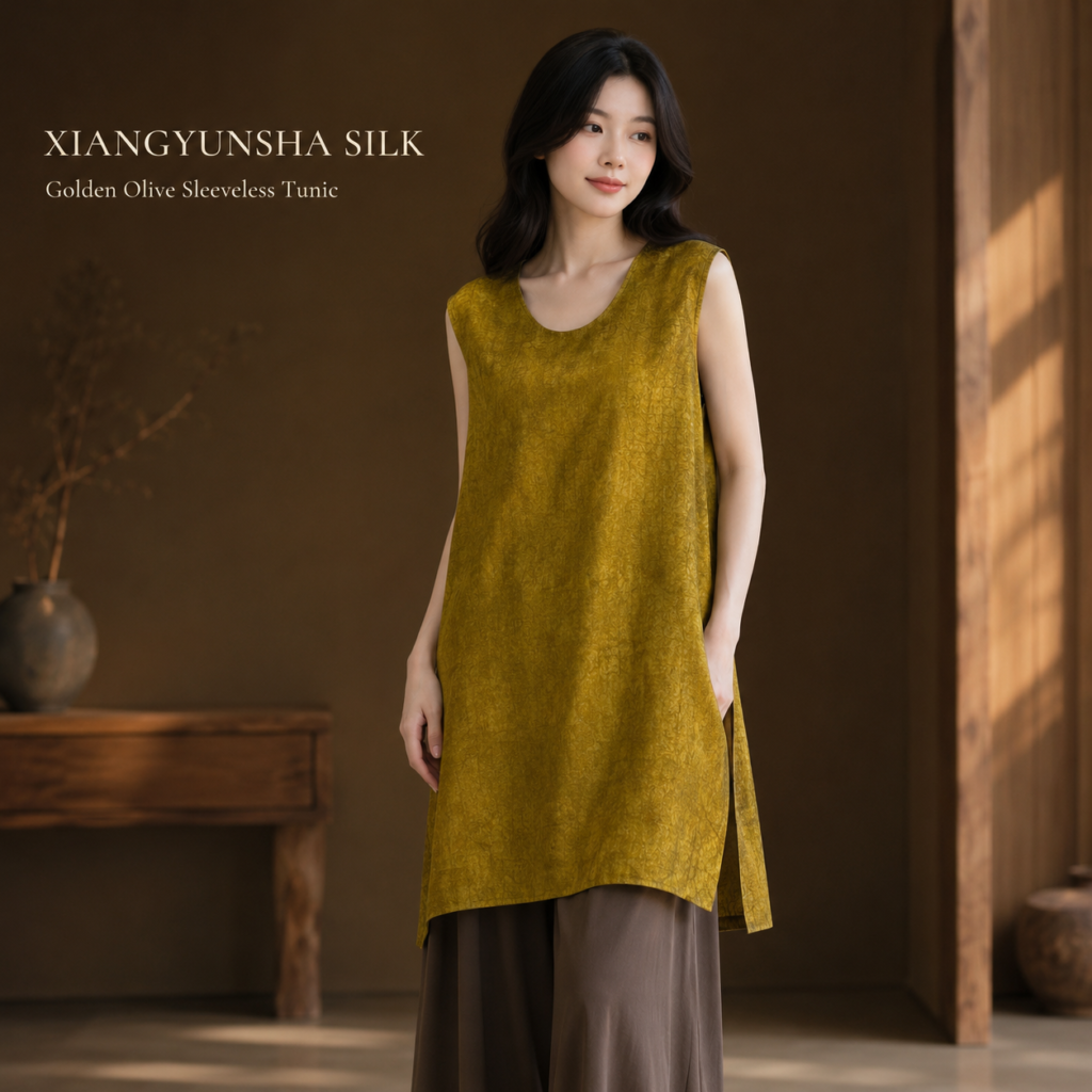 Golden Olive Xiangyunsha Silk Sleeveless Longline Tunic Top