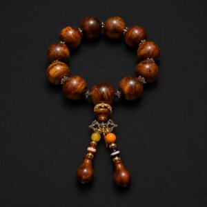 Tibetan-Inspired Solid Wood Mala Bracelet with Guru Bead & Twin Gourd Pendants