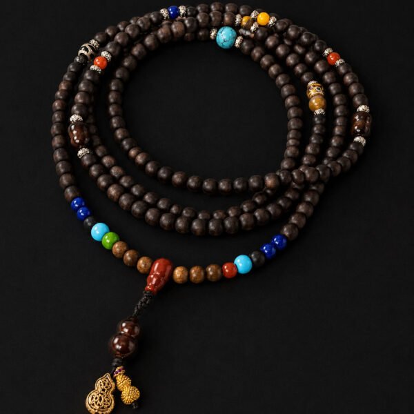Tibetan-Inspired 108 Bead Wooden Mala Necklace with Colorful Stone Accents and Lucky Gourd Charm