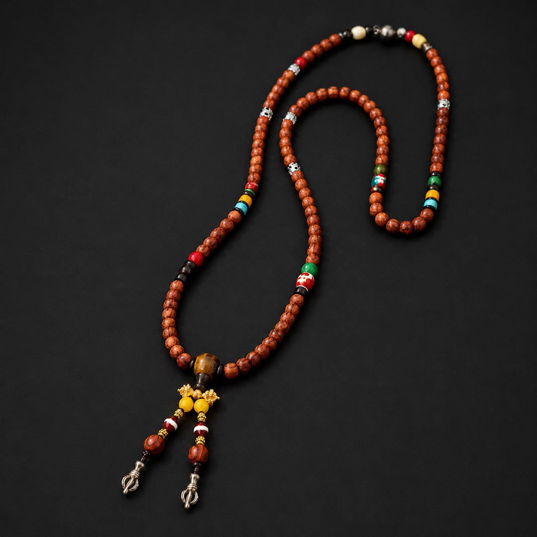 Tibetan Zen Beaded Necklace with Tiger Eye Style Center Bead - Image 1