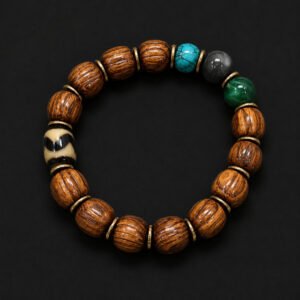 Tibetan Zen Wooden Bead Bracelet with Turquoise, Green Stone and Dzi-Inspired Accent Bead