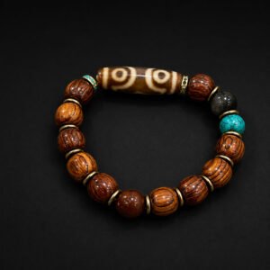 Tibetan Dzi Bead Wooden Bracelet with Turquoise Accent, Zen Meditation Spiritual Wrist Mala