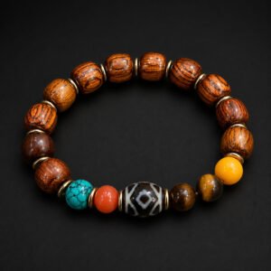 Handmade Tibetan Zen Wooden Bead Bracelet with Dzi-Style Accent Bead