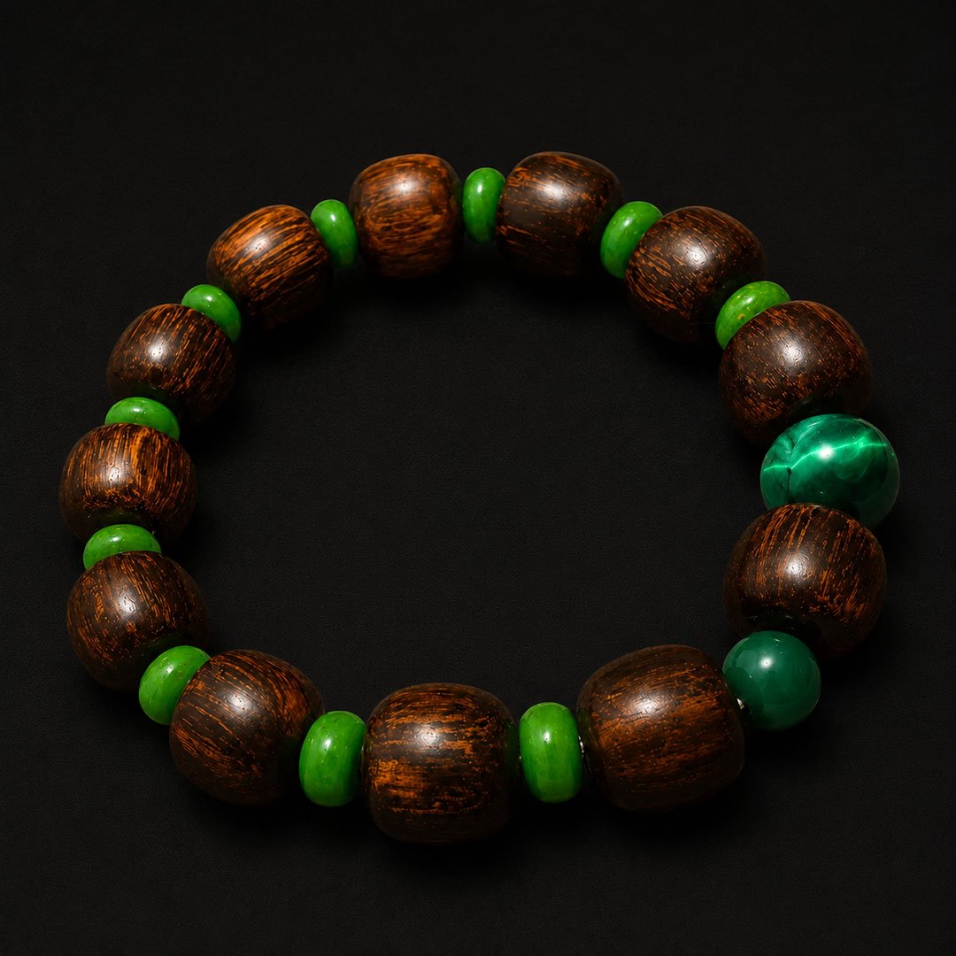 Dark Wood & Green Bead Bracelet - Image 1
