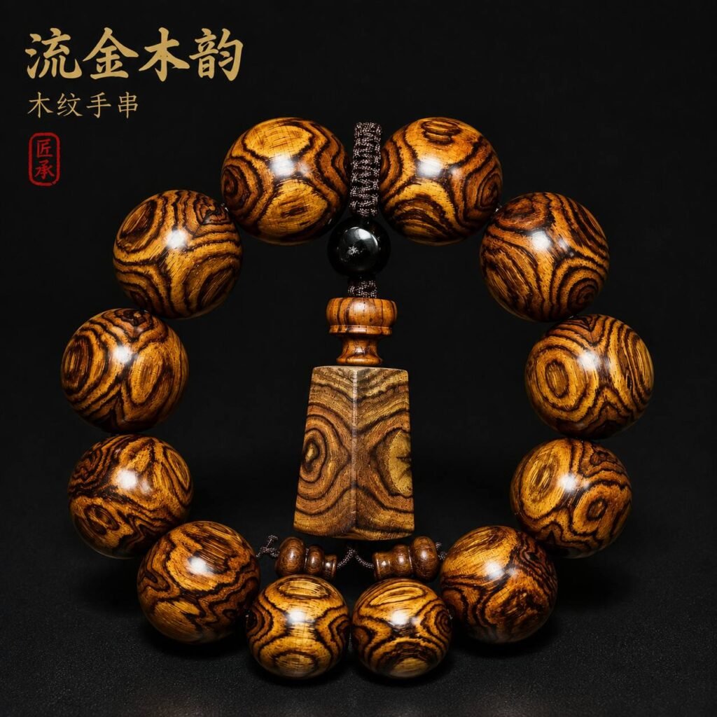 GILDED GRAIN Huanghuali bead bracelet product composition with title artwork