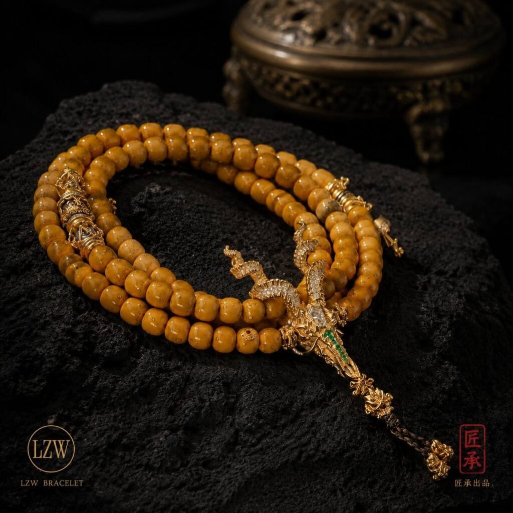 AMBER DRAGON beaded mala necklace with dragon pendant