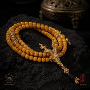 AMBER DRAGON beaded mala necklace with dragon pendant