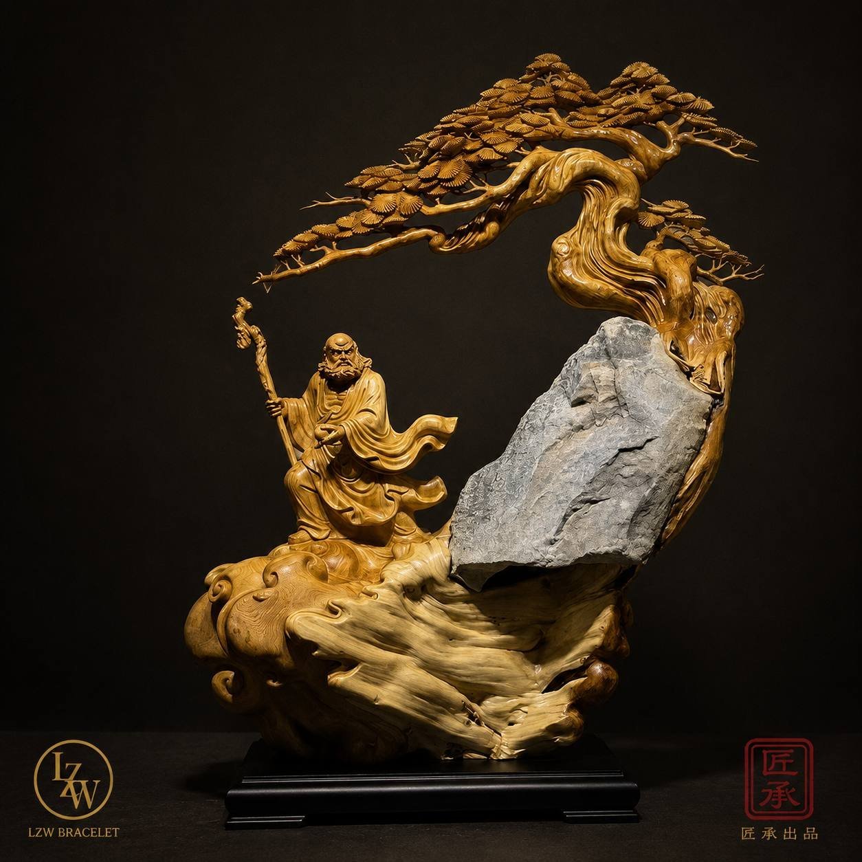 Bodhidharma sculpture with welcoming pine and natural textures