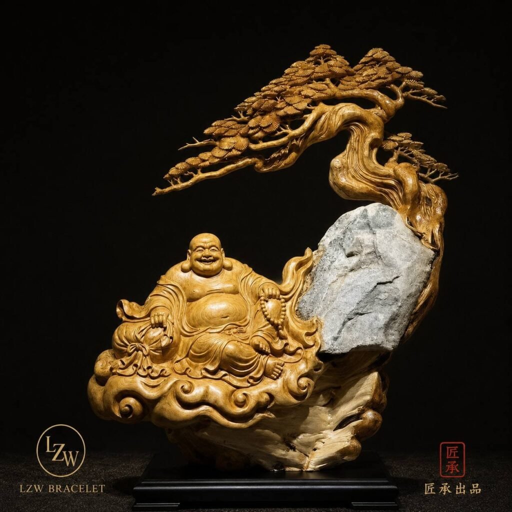 Maitreya Buddha and welcoming pine wood and stone sculpture