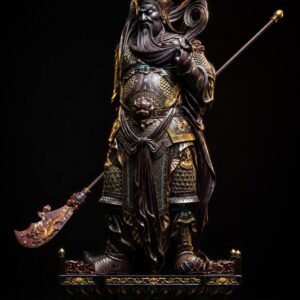 Full view of Guan Yu warrior statue with layered traditional base