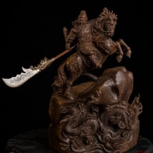 Guan Yu on a rearing horse with twin dragon wood carving