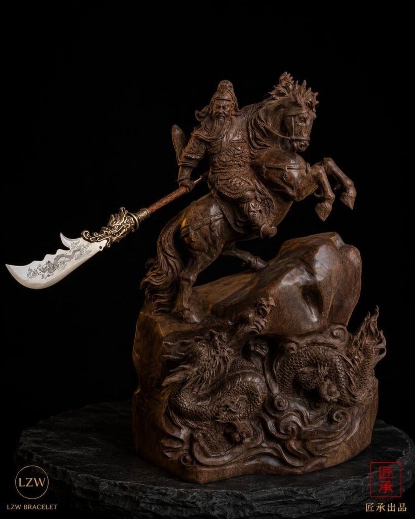 Guan Yu on a rearing horse with twin dragon wood carving