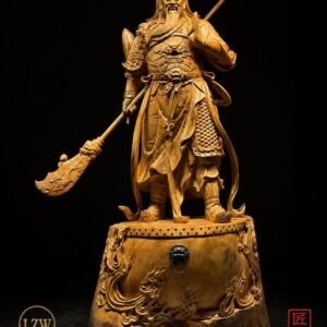 Guan Yu warrior wood sculpture with carved dragon base