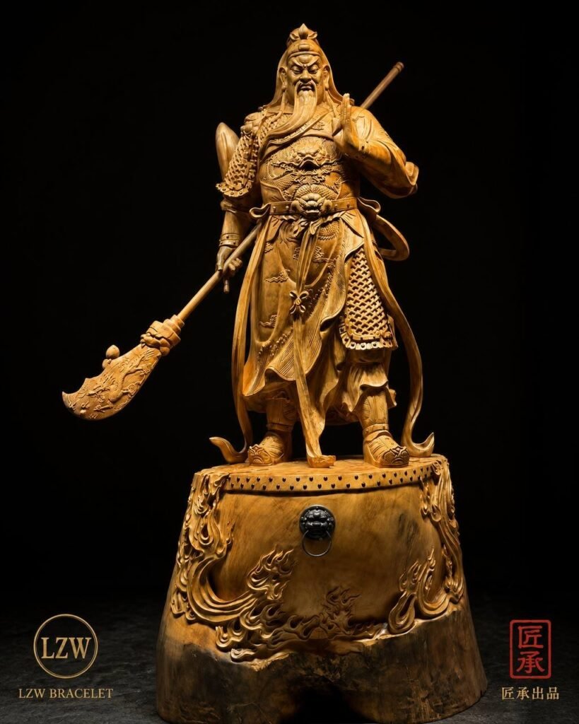 Guan Yu warrior wood sculpture with carved dragon base