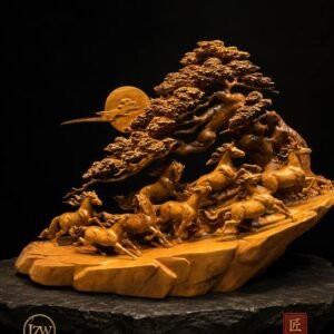 Eight galloping horses beneath an ancient pine wood sculpture