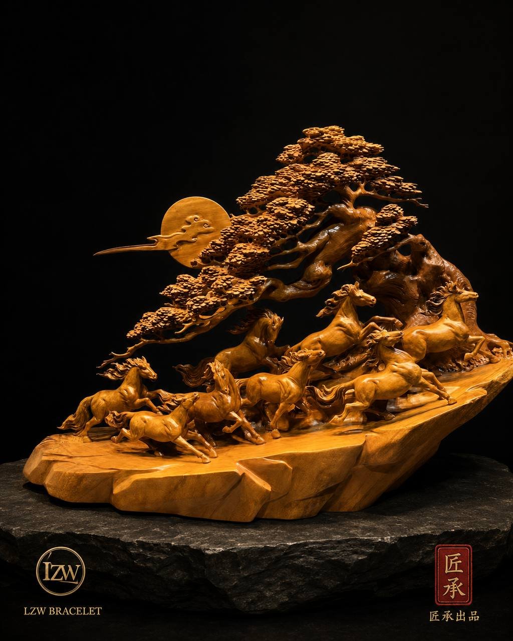 Eight galloping horses beneath an ancient pine wood sculpture