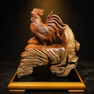 Majestic rooster wood sculpture on a dark display base