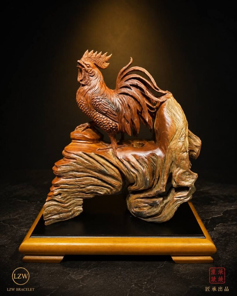 Majestic rooster wood sculpture on a dark display base