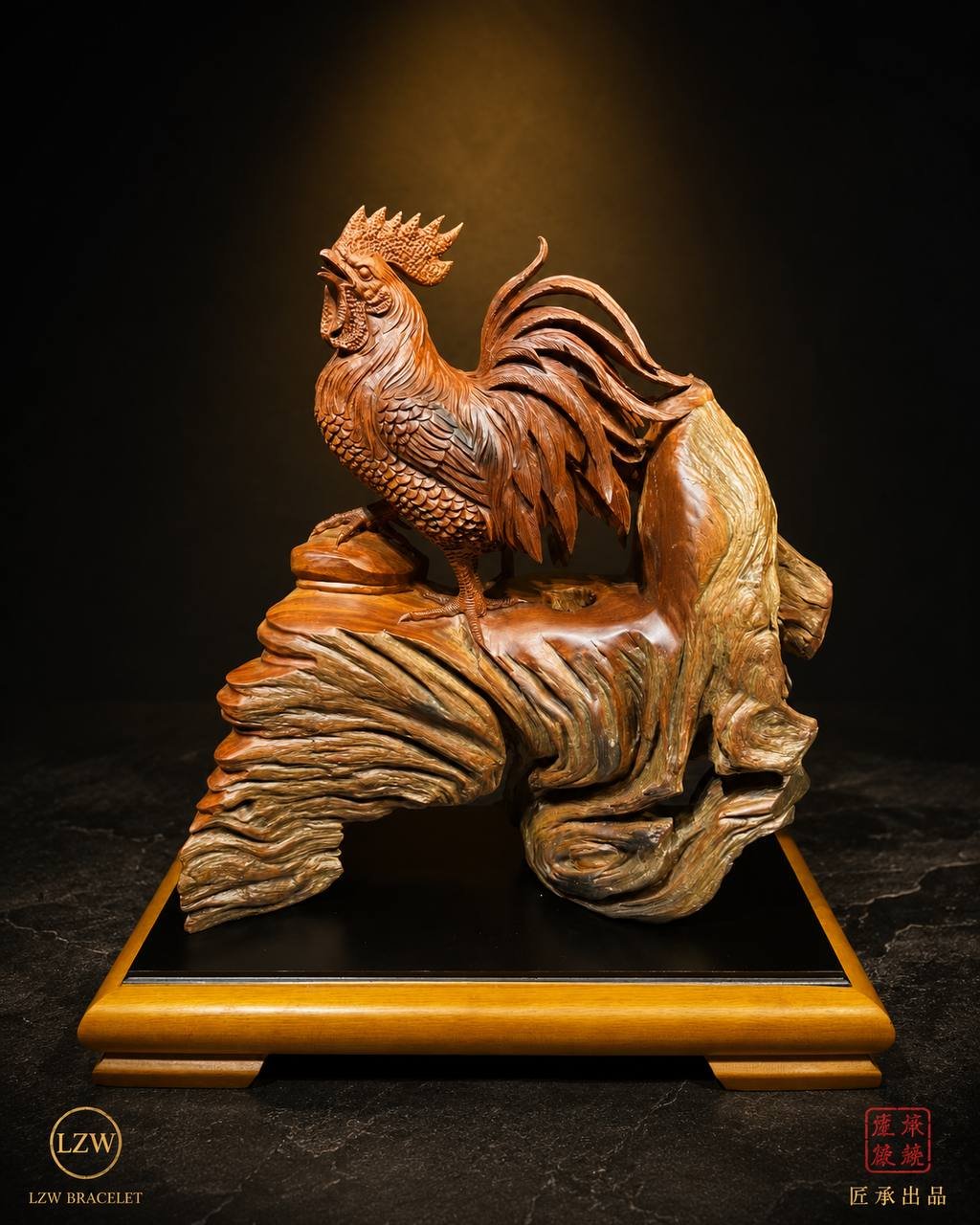 Majestic rooster wood sculpture on a dark display base