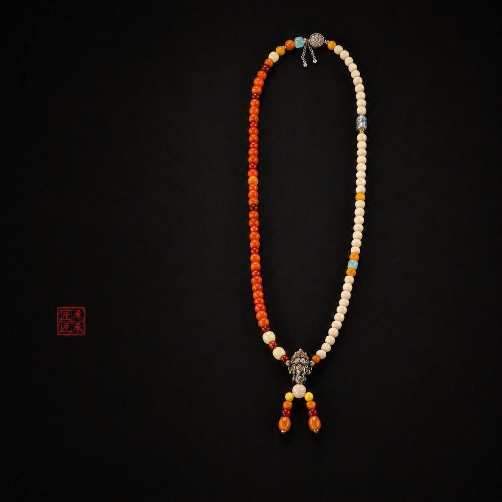 Full-length Tingdi 108-bead necklace on a dark background