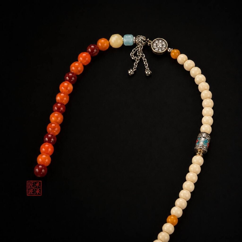Full view of Tingdi necklace with asymmetrical red-orange and ivory bead strands