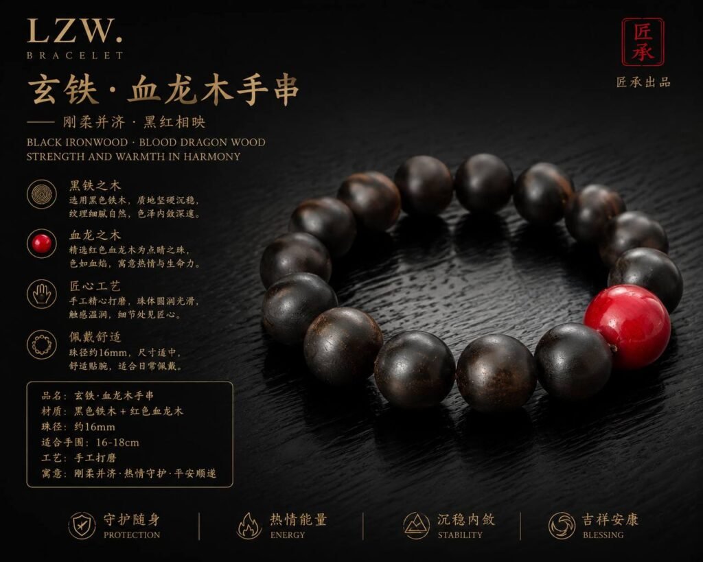 Iron and Crimson wood bead bracelet with black-toned beads and red focal bead
