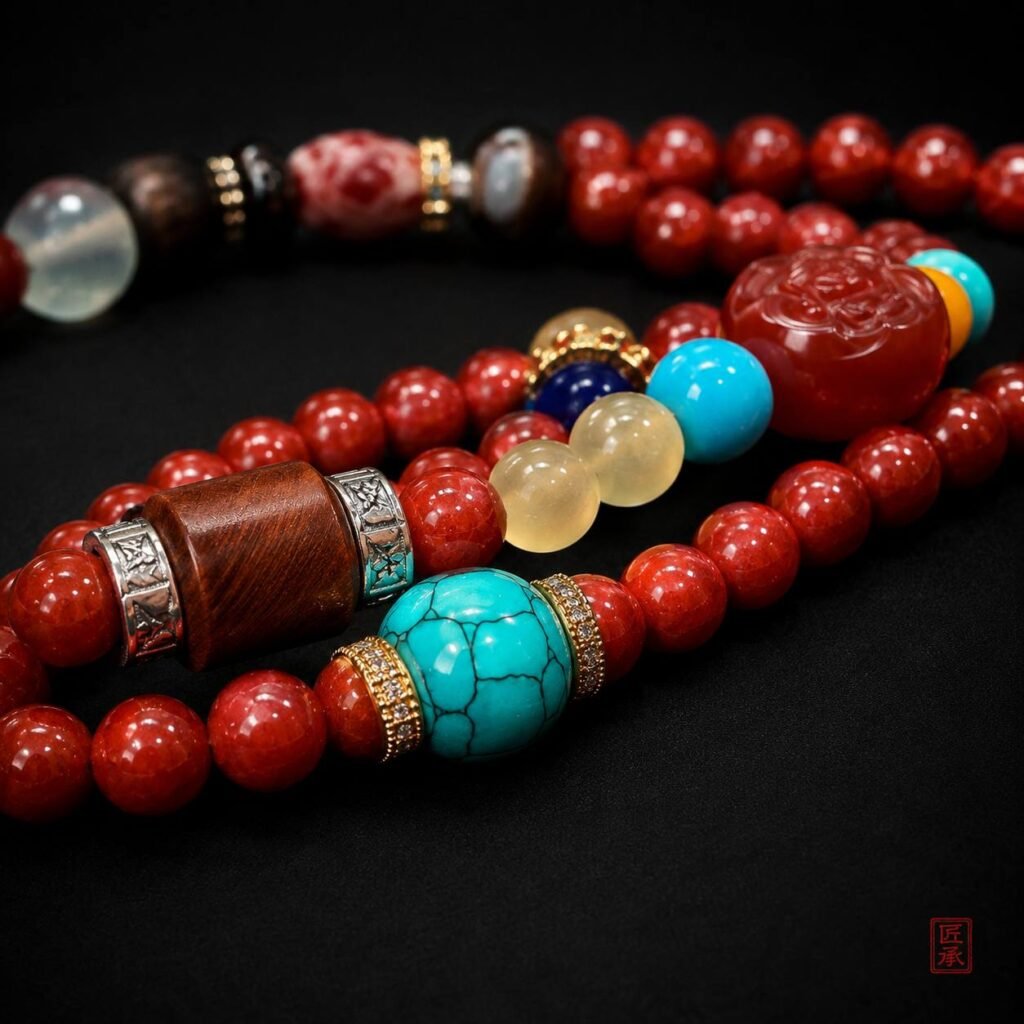 Close-up of Angel's Eye mala with Nanhong agate, turquoise and beeswax amber accents