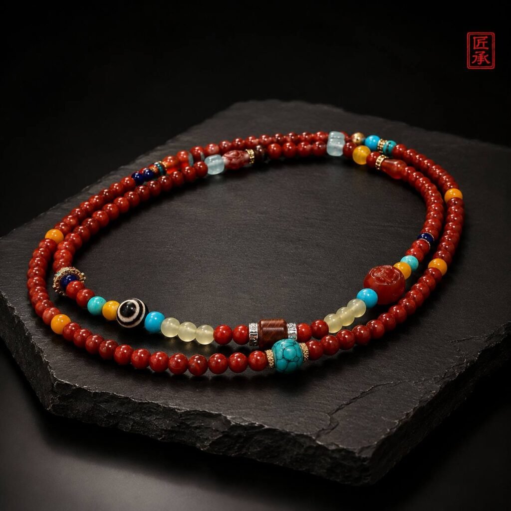 Angel's Eye multi-bead mala arranged on a dark stone surface