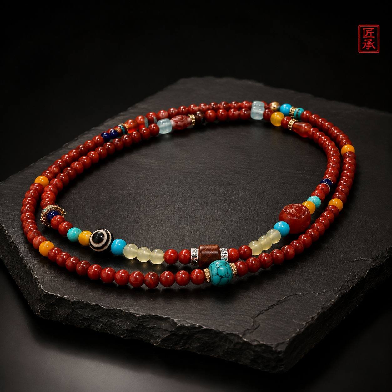 Angel's Eye multi-bead mala arranged on a dark stone surface
