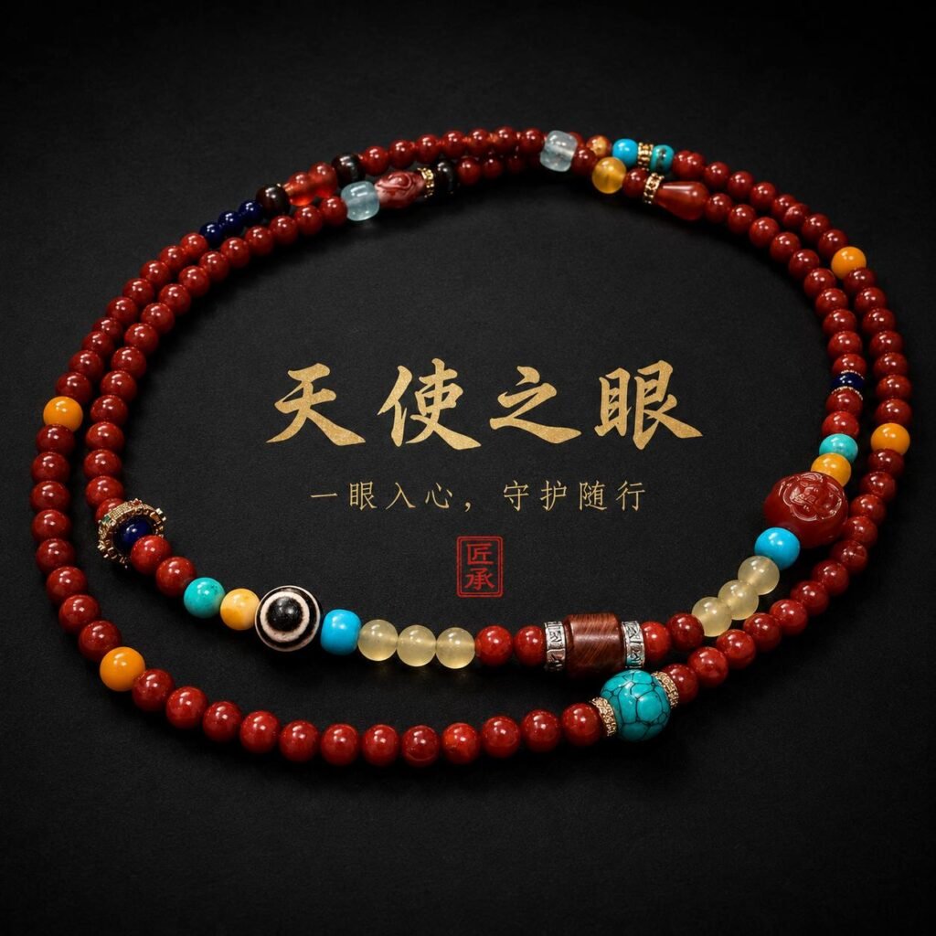 Angel's Eye Nanhong agate 108-bead mala with Dzi bead and turquoise accents