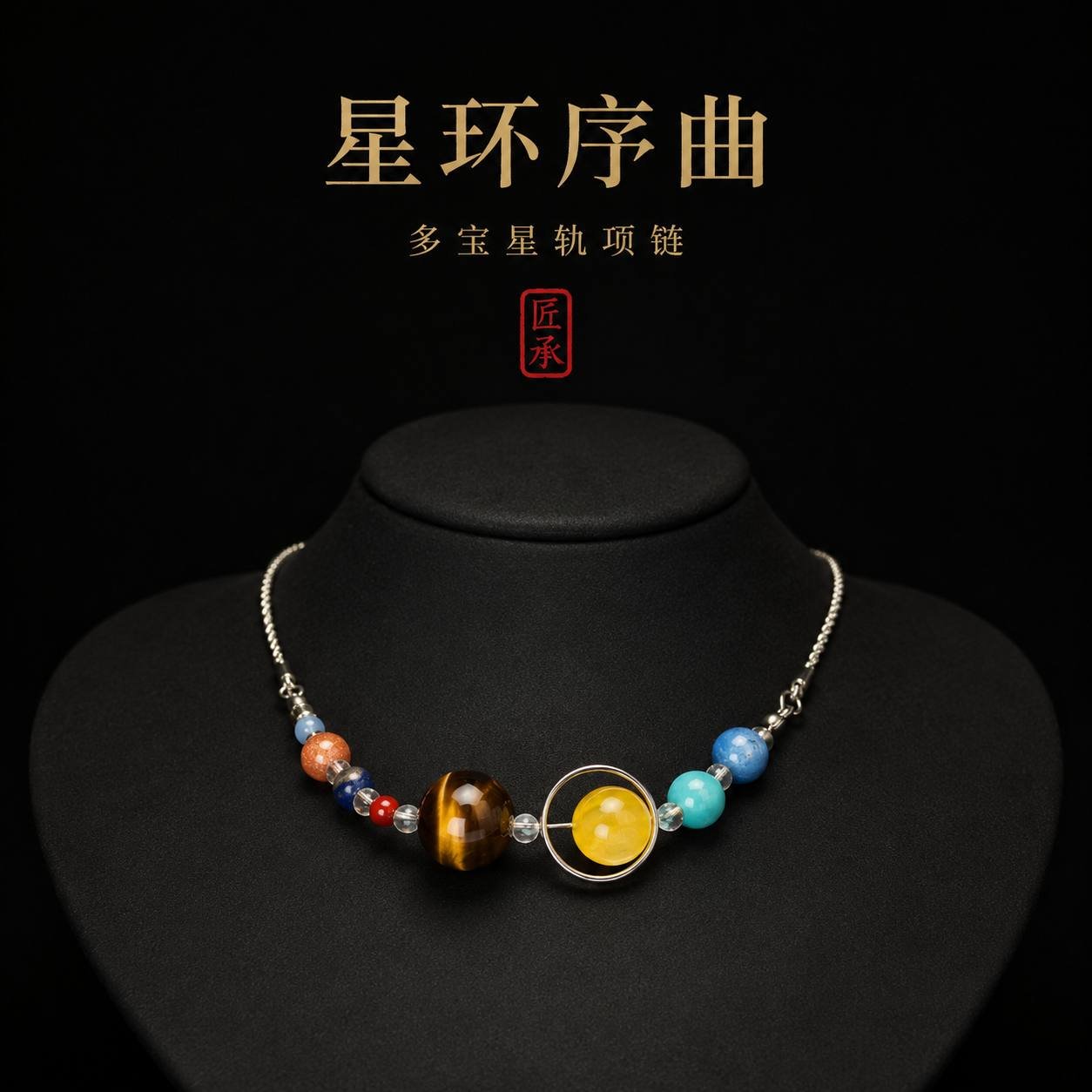 STELLAR ORBIT multi-bead necklace title artwork and product display