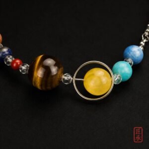 Close-up of STELLAR ORBIT yellow circular centerpiece and brown striped focal bead