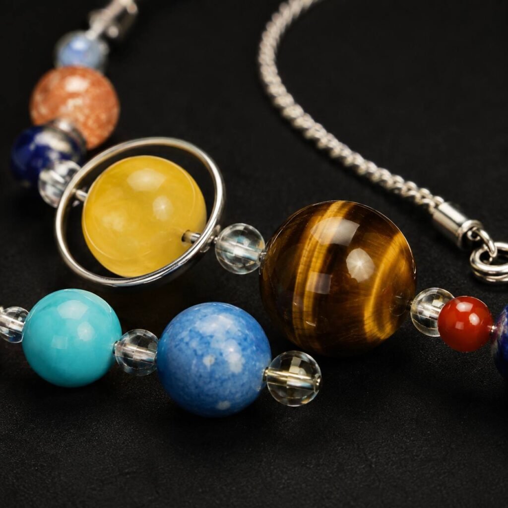 Detailed view of STELLAR ORBIT multi-bead necklace with colored beads and metal-tone chain