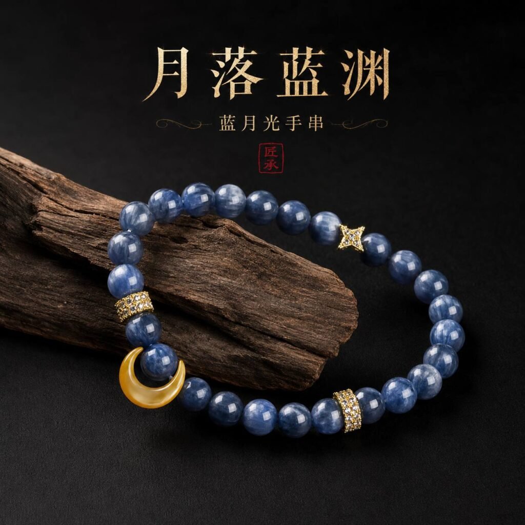 MOONFALL BLUE blue bead bracelet title artwork and product display